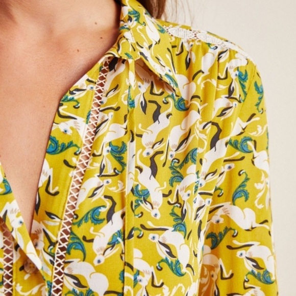 Anthropologie Maeve Janie Rabbit Print Tasseled Flounced Peasant Blouse Top - Picture 2 of 6